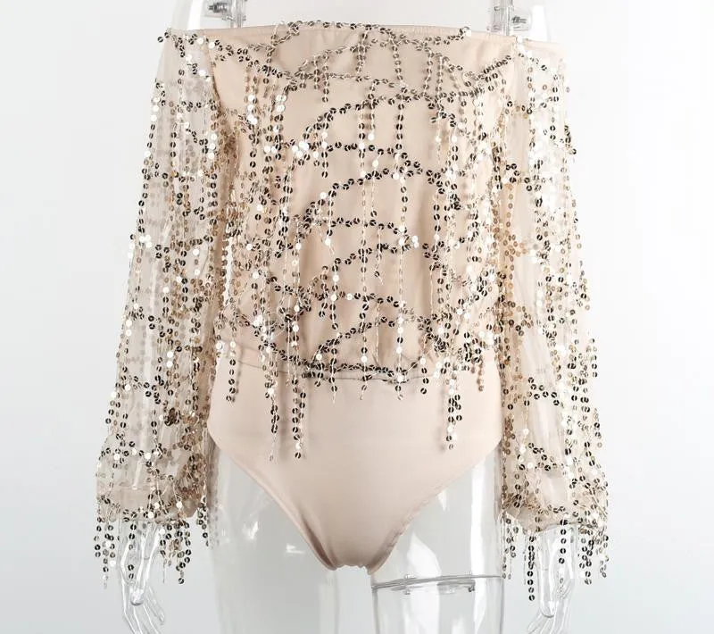 Sexy sequin tassel mesh bodysuit Women off shoulder long sleeve blouse shirt Autumn party club elegant jumpsuit romper