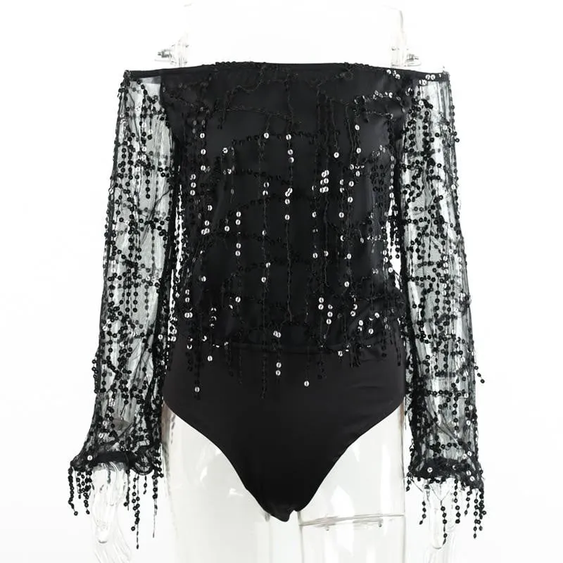 Sexy sequin tassel mesh bodysuit Women off shoulder long sleeve blouse shirt Autumn party club elegant jumpsuit romper