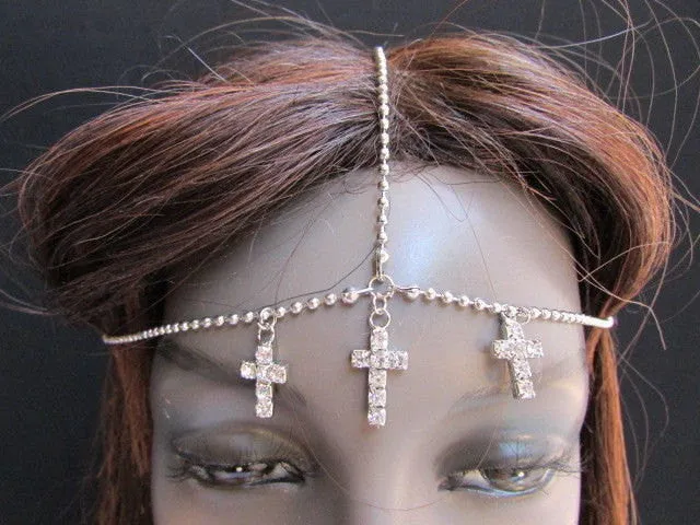 Silver Gold Metal Head Chain Multi Cross Rhinestones Wave Hair Piece