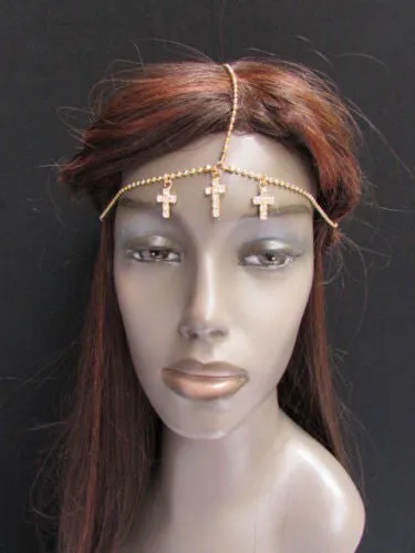 Silver Gold Metal Head Chain Multi Cross Rhinestones Wave Hair Piece