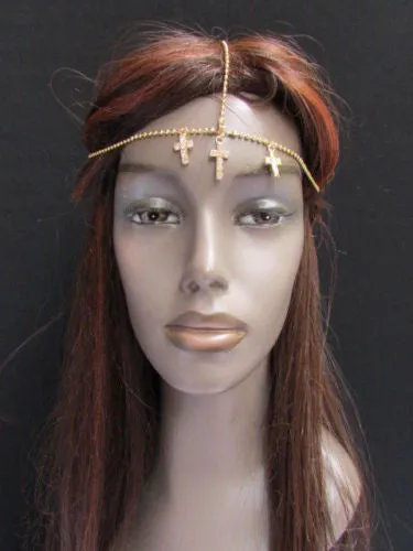 Silver Gold Metal Head Chain Multi Cross Rhinestones Wave Hair Piece