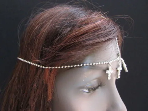 Silver Gold Metal Head Chain Multi Cross Rhinestones Wave Hair Piece