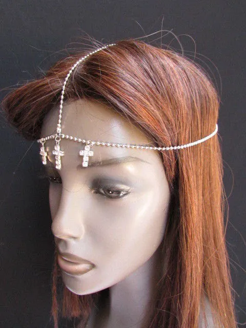 Silver Gold Metal Head Chain Multi Cross Rhinestones Wave Hair Piece