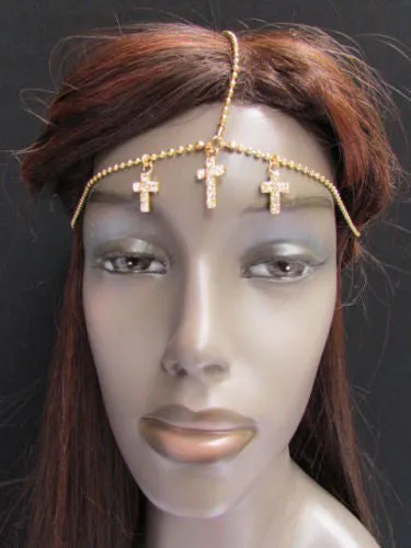 Silver Gold Metal Head Chain Multi Cross Rhinestones Wave Hair Piece