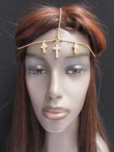 Silver Gold Metal Head Chain Multi Cross Rhinestones Wave Hair Piece
