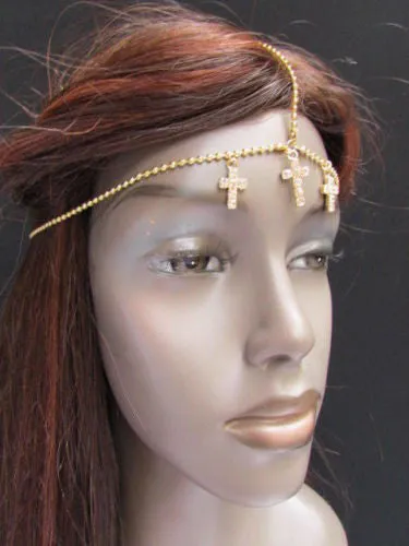 Silver Gold Metal Head Chain Multi Cross Rhinestones Wave Hair Piece