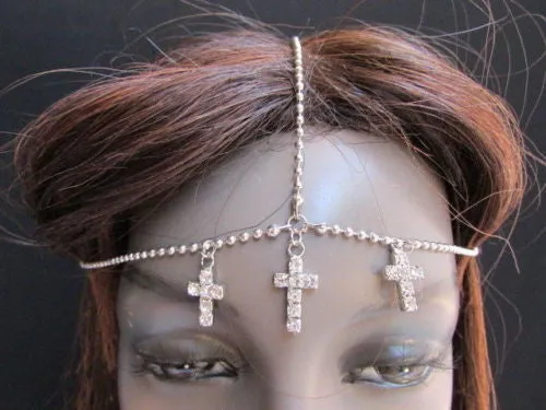 Silver Gold Metal Head Chain Multi Cross Rhinestones Wave Hair Piece