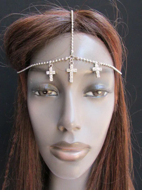 Silver Gold Metal Head Chain Multi Cross Rhinestones Wave Hair Piece
