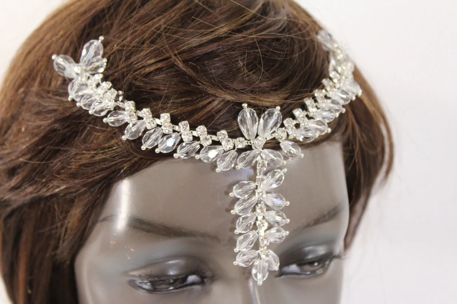 Silver Head Hair Pin Clips Big Beads Forehead Grecian Long Rhinestones Strand