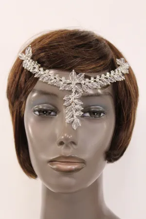 Silver Head Hair Pin Clips Big Beads Forehead Grecian Long Rhinestones Strand