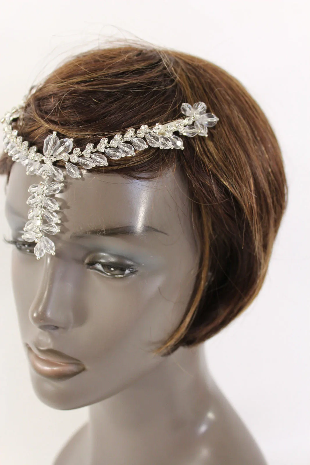 Silver Head Hair Pin Clips Big Beads Forehead Grecian Long Rhinestones Strand