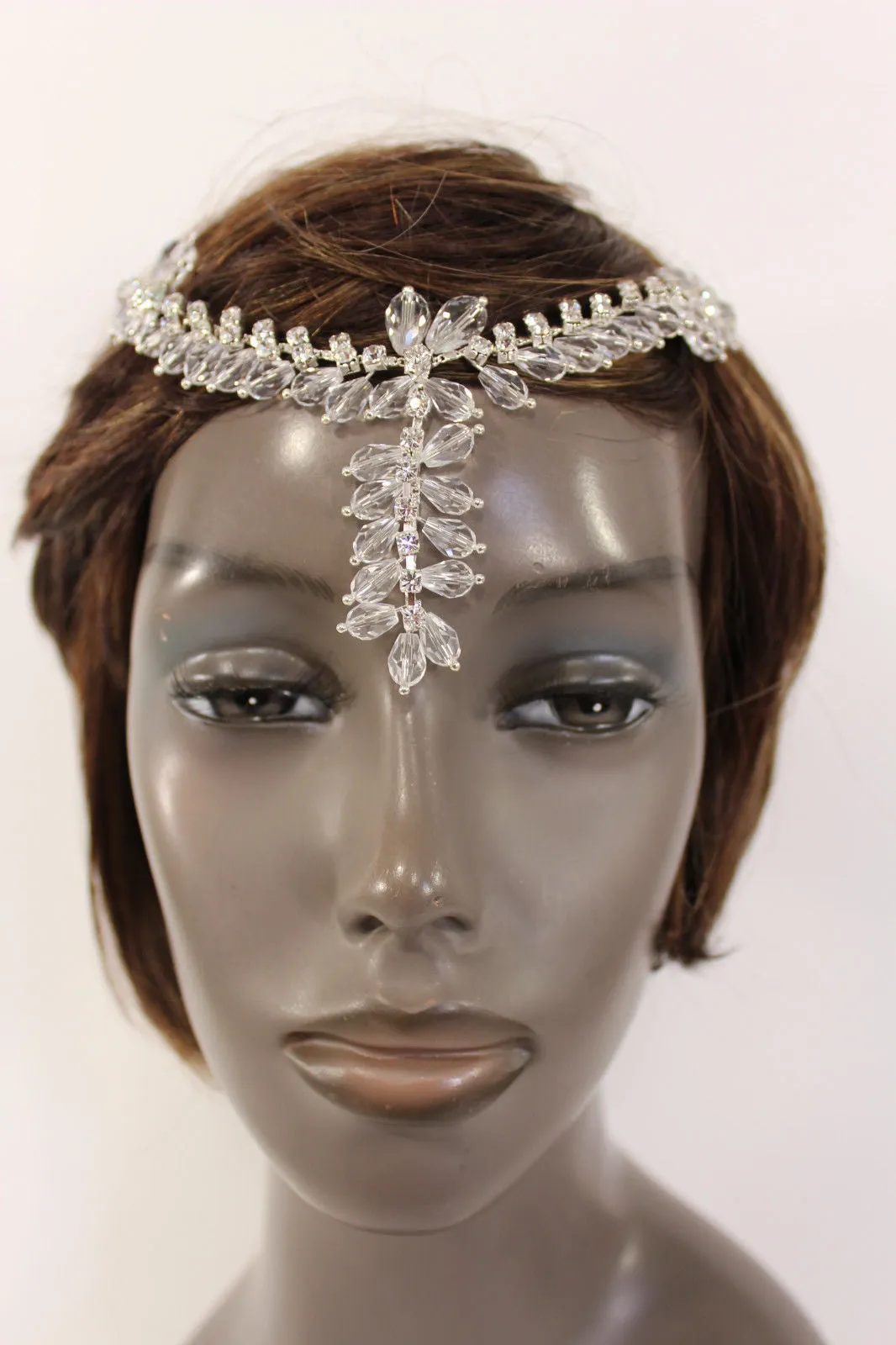 Silver Head Hair Pin Clips Big Beads Forehead Grecian Long Rhinestones Strand