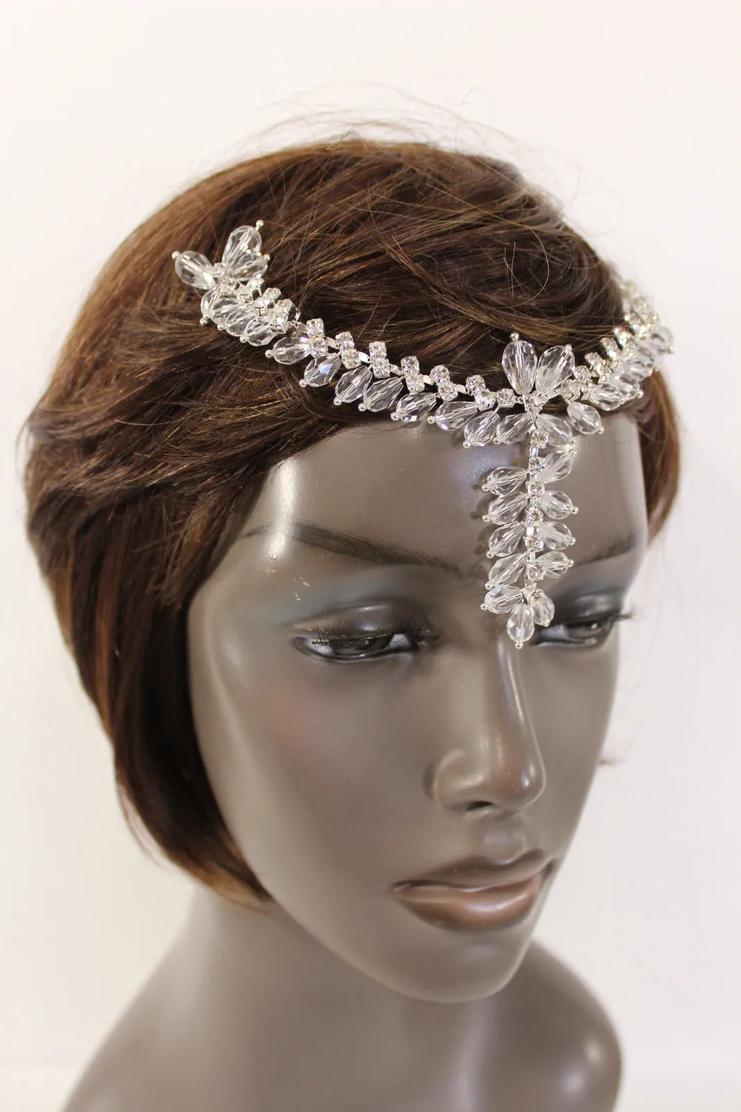 Silver Head Hair Pin Clips Big Beads Forehead Grecian Long Rhinestones Strand