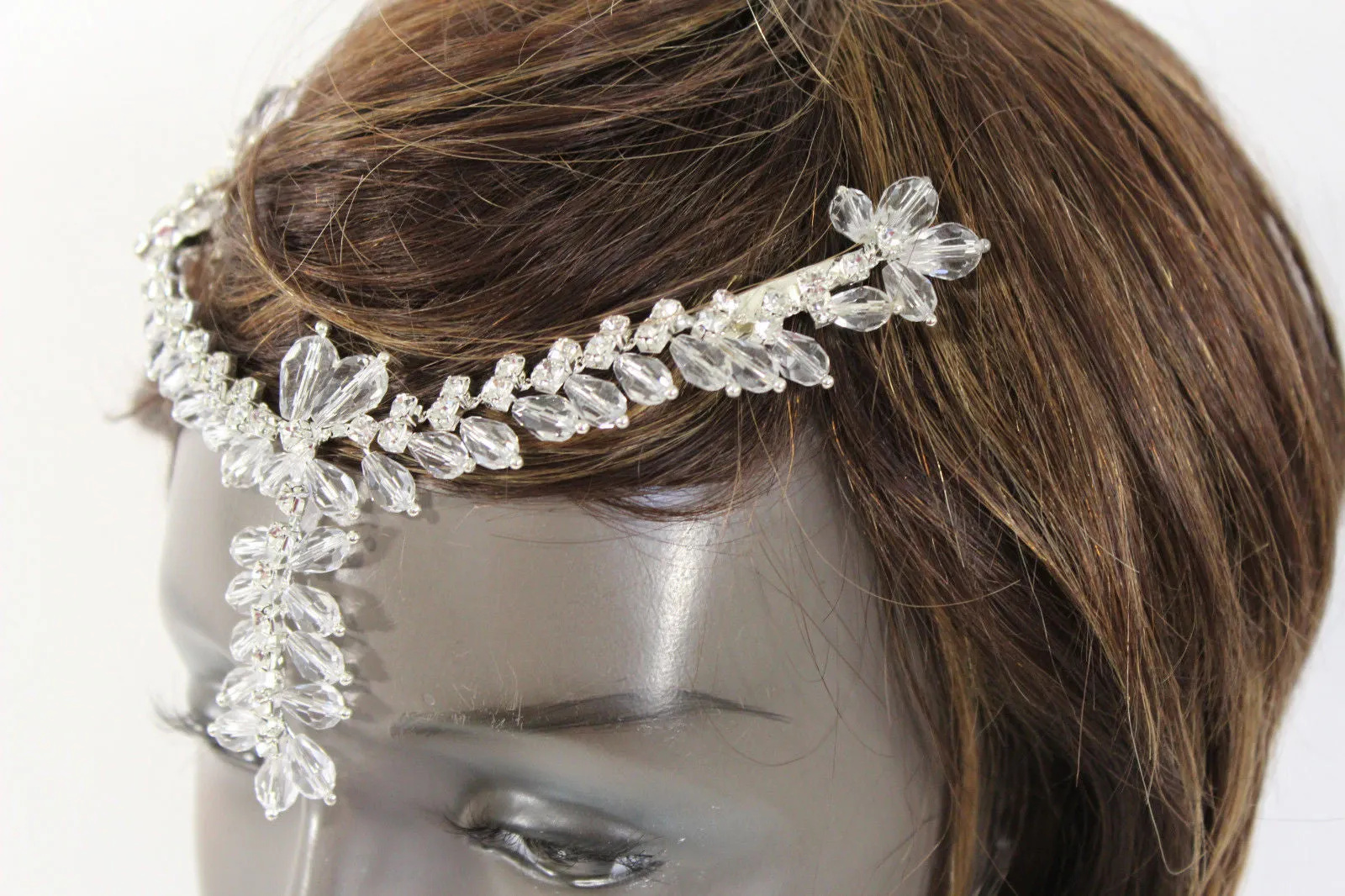 Silver Head Hair Pin Clips Big Beads Forehead Grecian Long Rhinestones Strand