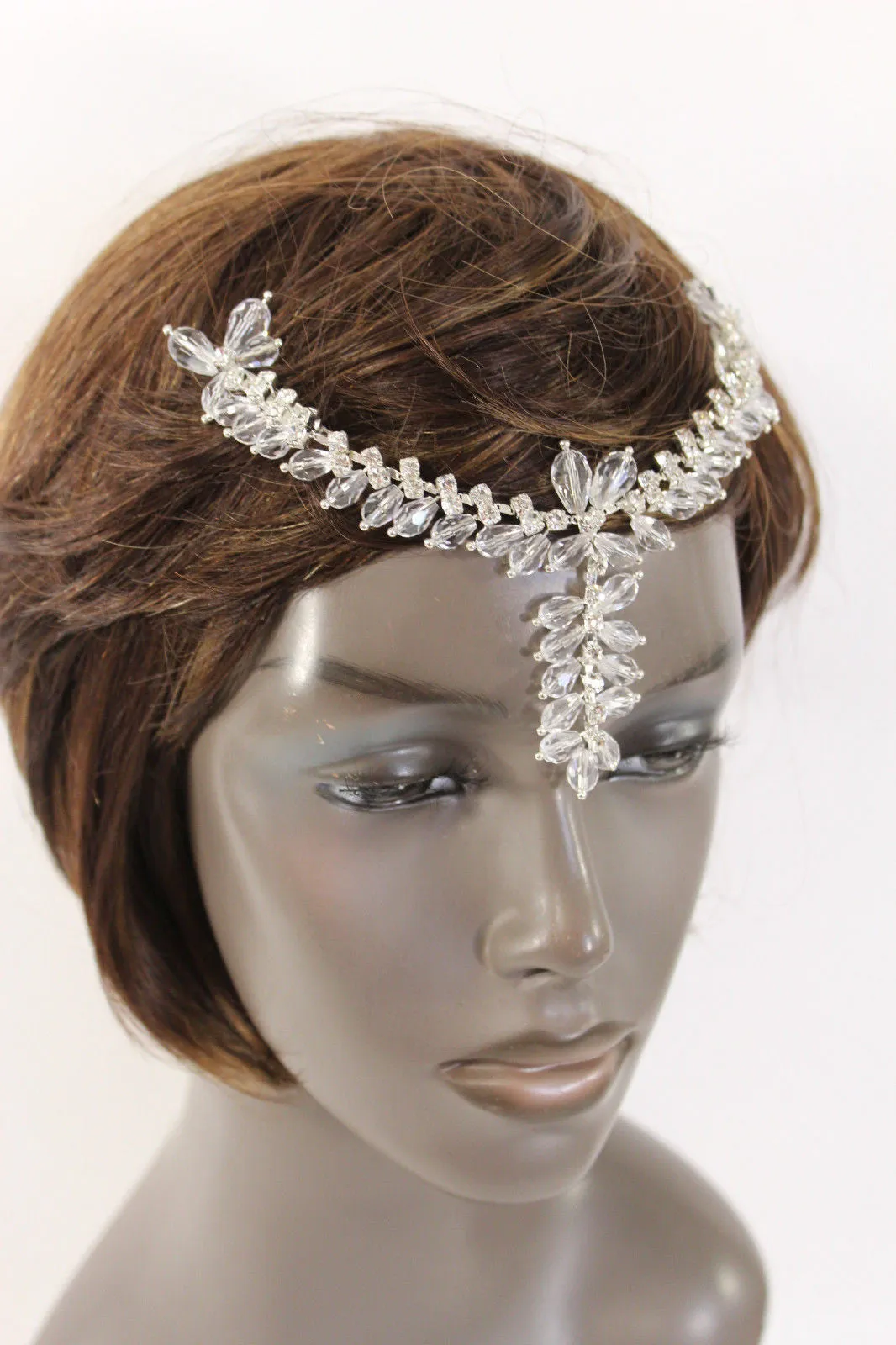 Silver Head Hair Pin Clips Big Beads Forehead Grecian Long Rhinestones Strand