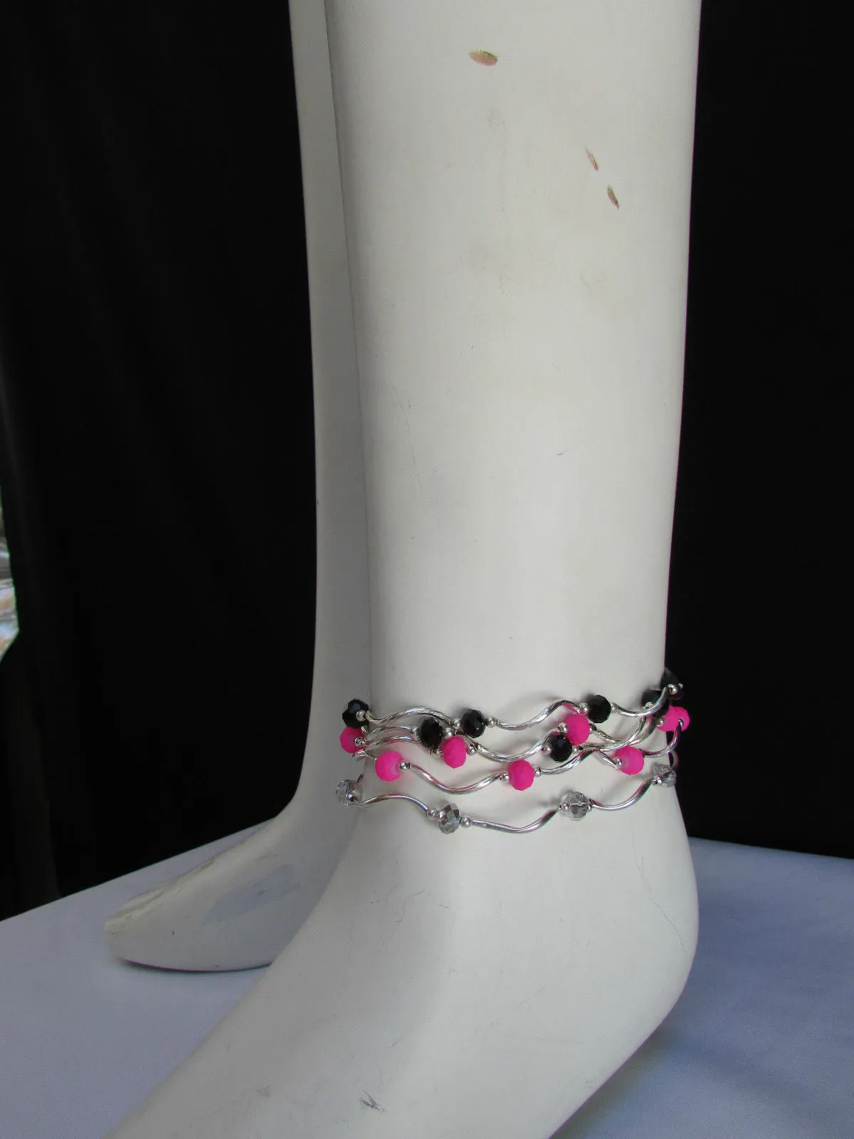 Silver Metal Black Red Blue Small Beads Elastic 5 Row Strands Anklets