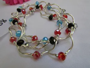 Silver Metal Black Red Blue Small Beads Elastic 5 Row Strands Anklets