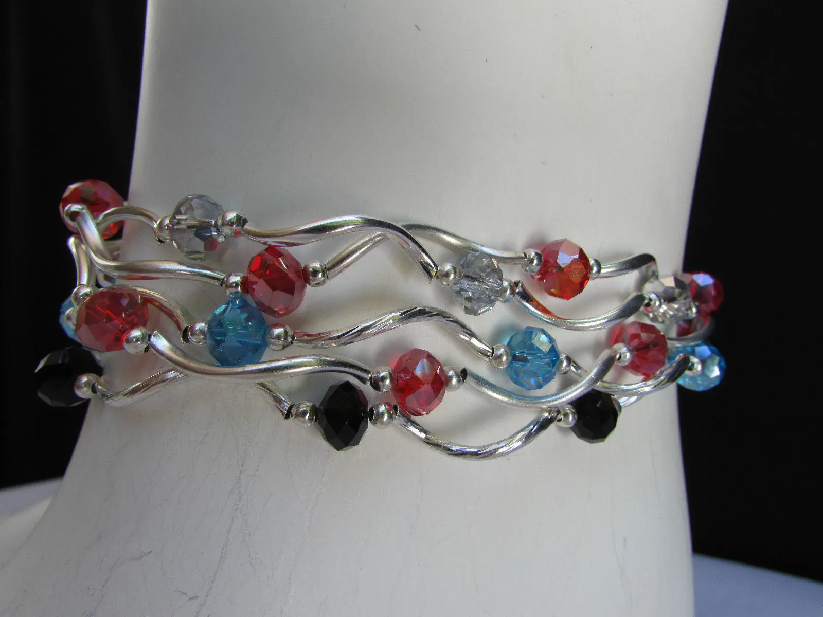 Silver Metal Black Red Blue Small Beads Elastic 5 Row Strands Anklets