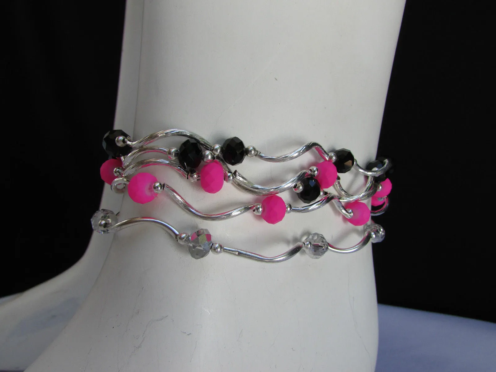 Silver Metal Black Red Blue Small Beads Elastic 5 Row Strands Anklets