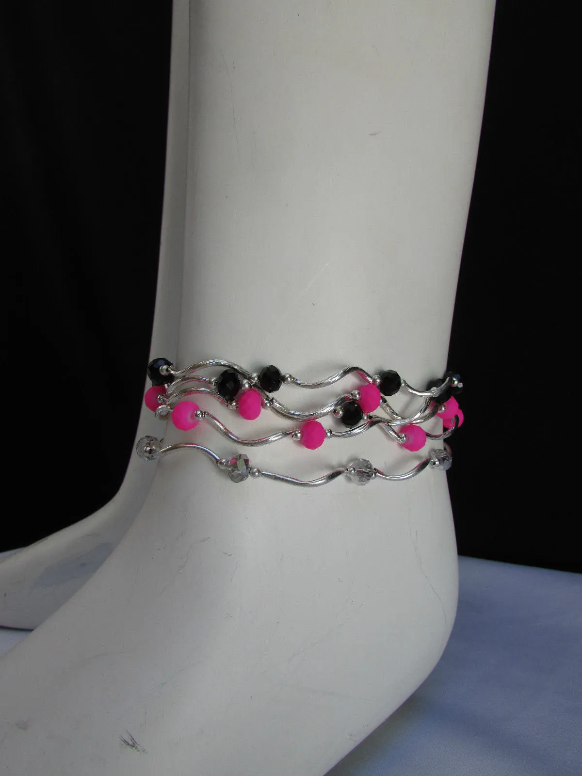 Silver Metal Black Red Blue Small Beads Elastic 5 Row Strands Anklets