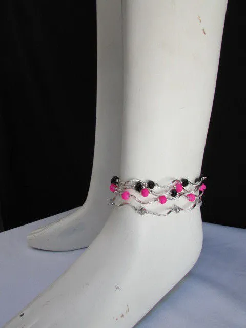 Silver Metal Black Red Blue Small Beads Elastic 5 Row Strands Anklets