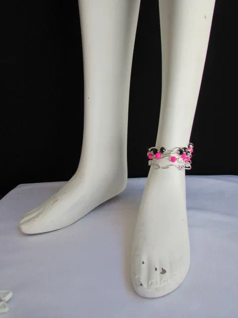 Silver Metal Black Red Blue Small Beads Elastic 5 Row Strands Anklets