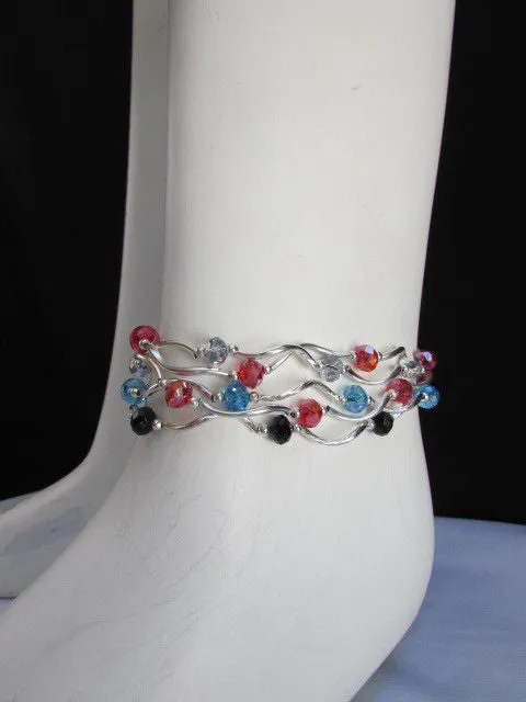 Silver Metal Black Red Blue Small Beads Elastic 5 Row Strands Anklets