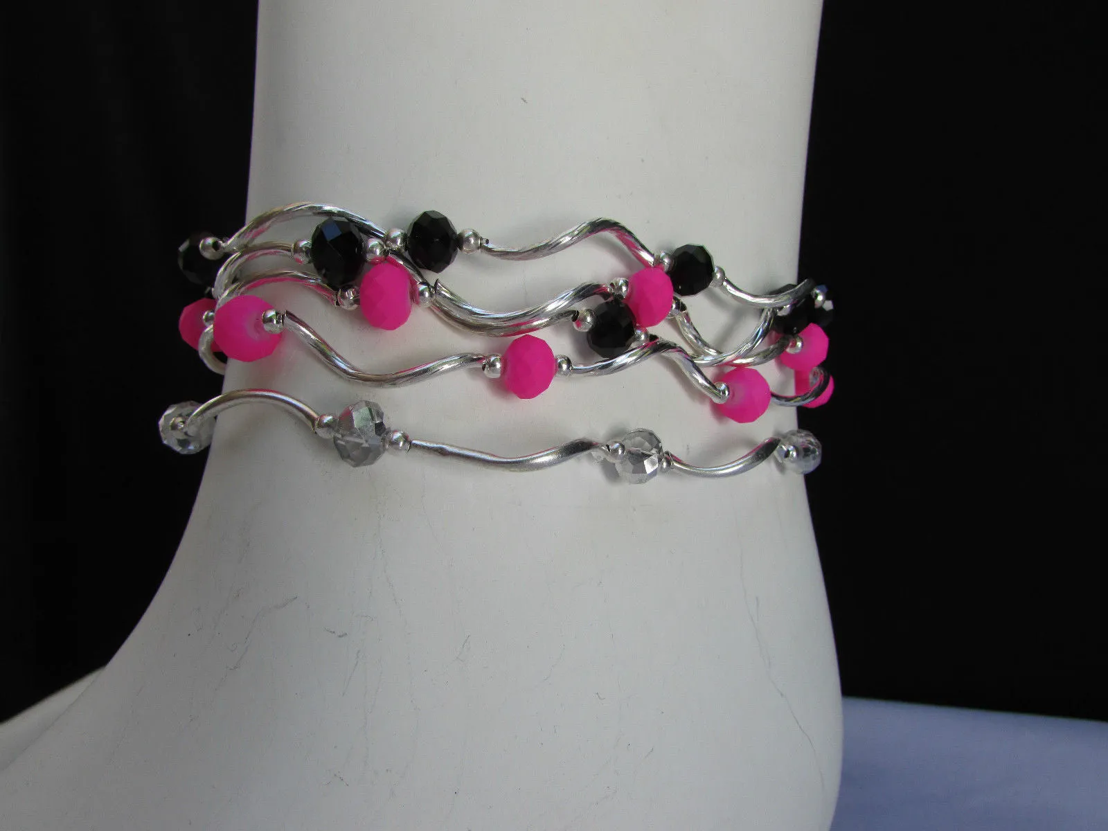 Silver Metal Black Red Blue Small Beads Elastic 5 Row Strands Anklets