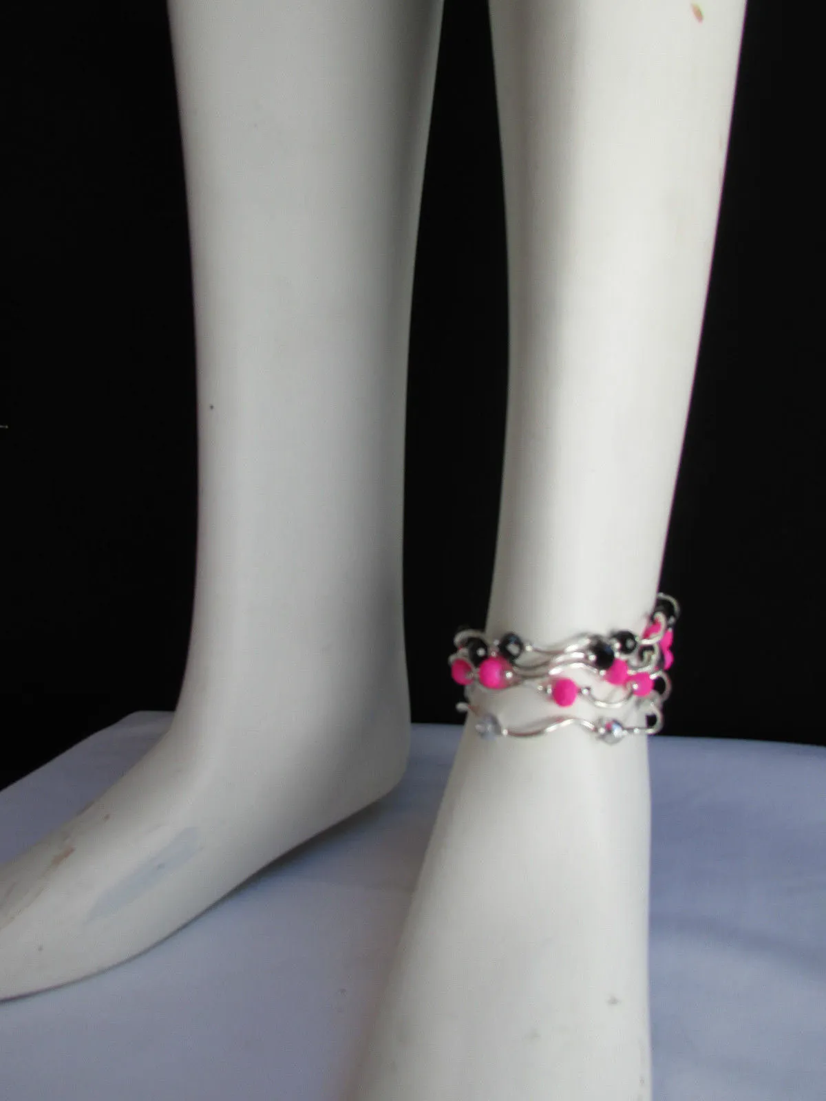 Silver Metal Black Red Blue Small Beads Elastic 5 Row Strands Anklets