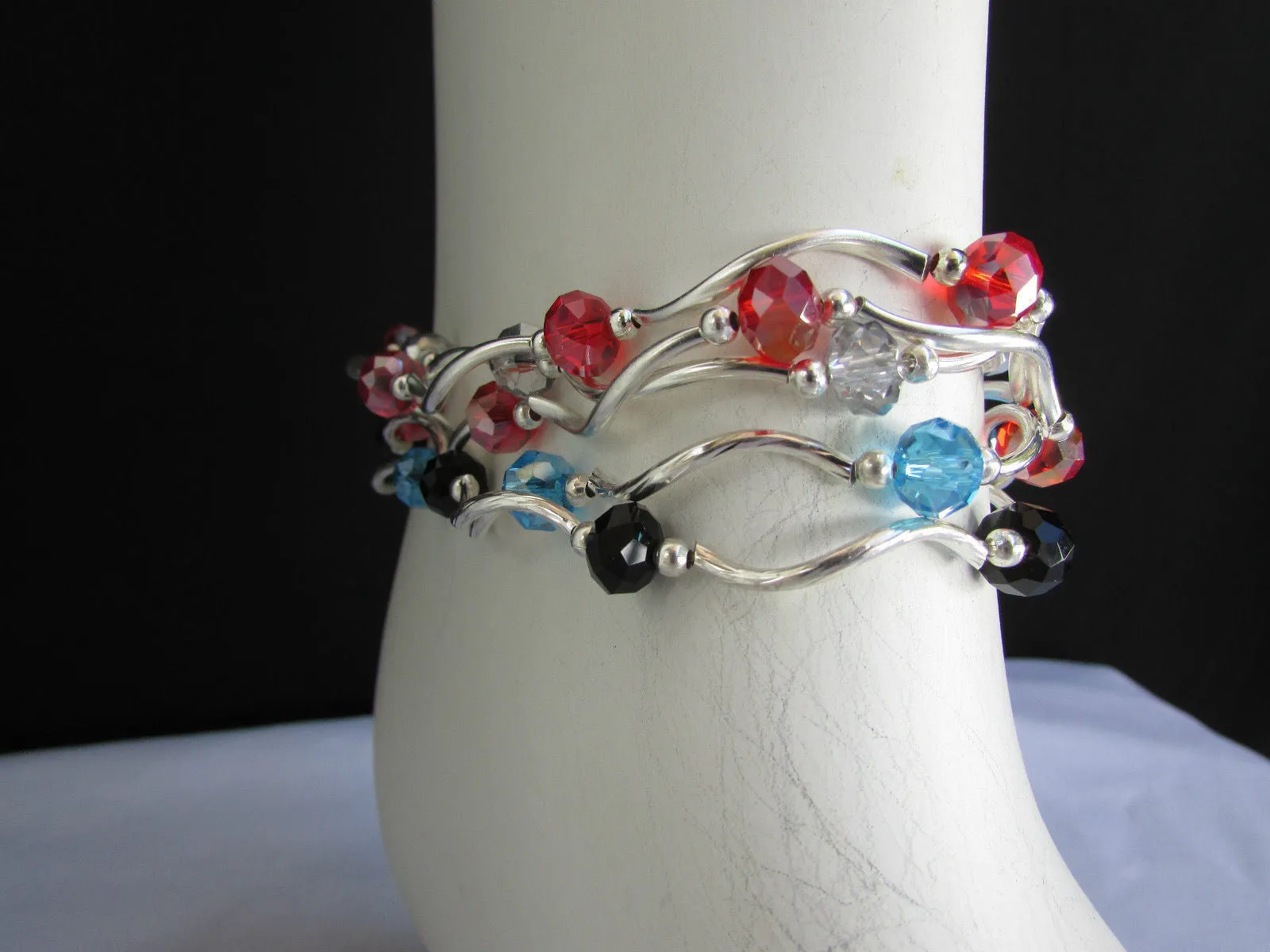 Silver Metal Black Red Blue Small Beads Elastic 5 Row Strands Anklets