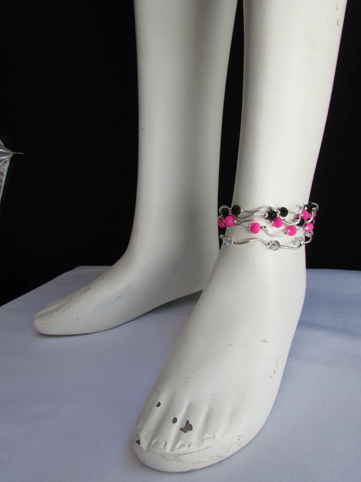 Silver Metal Black Red Blue Small Beads Elastic 5 Row Strands Anklets