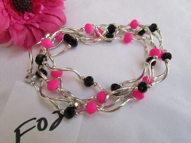 Silver Metal Black Red Blue Small Beads Elastic 5 Row Strands Anklets
