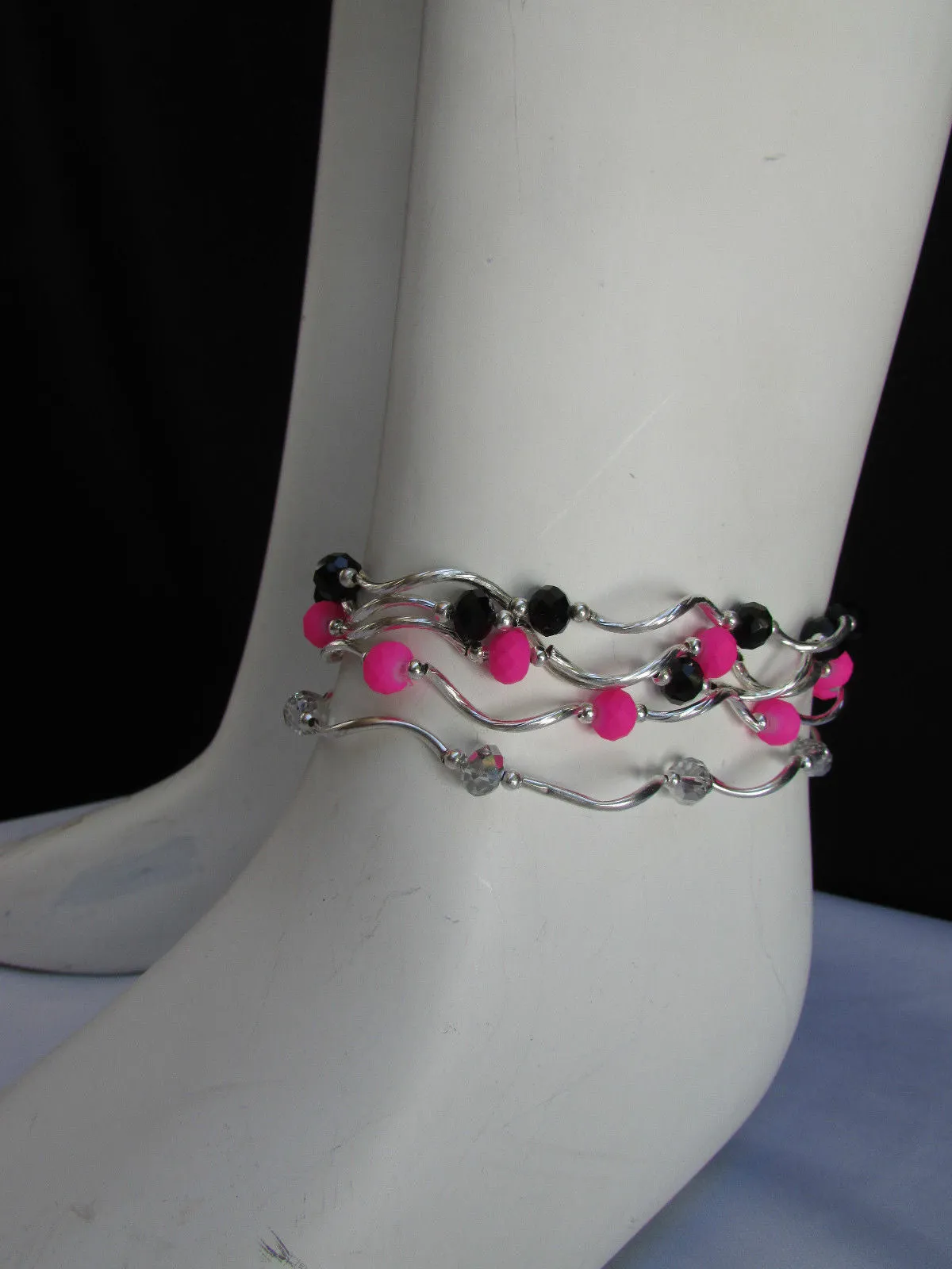 Silver Metal Black Red Blue Small Beads Elastic 5 Row Strands Anklets