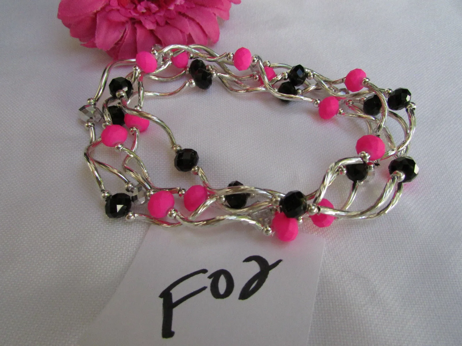 Silver Metal Black Red Blue Small Beads Elastic 5 Row Strands Anklets