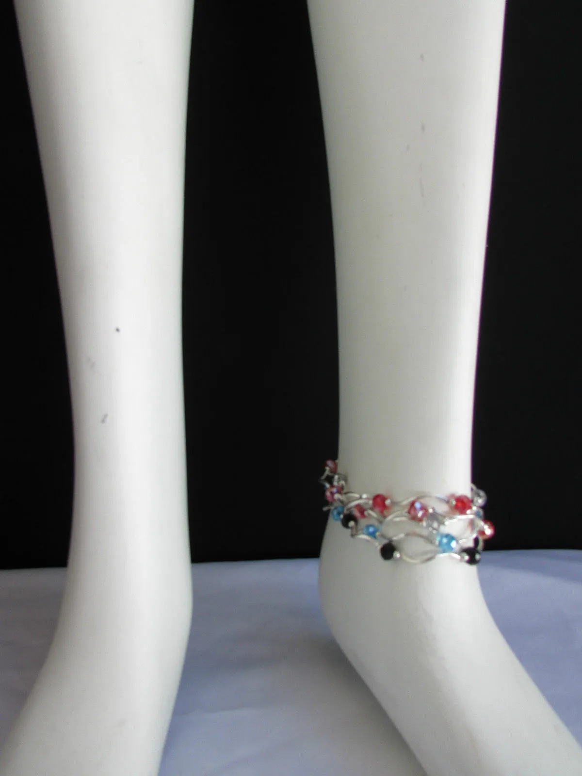 Silver Metal Black Red Blue Small Beads Elastic 5 Row Strands Anklets