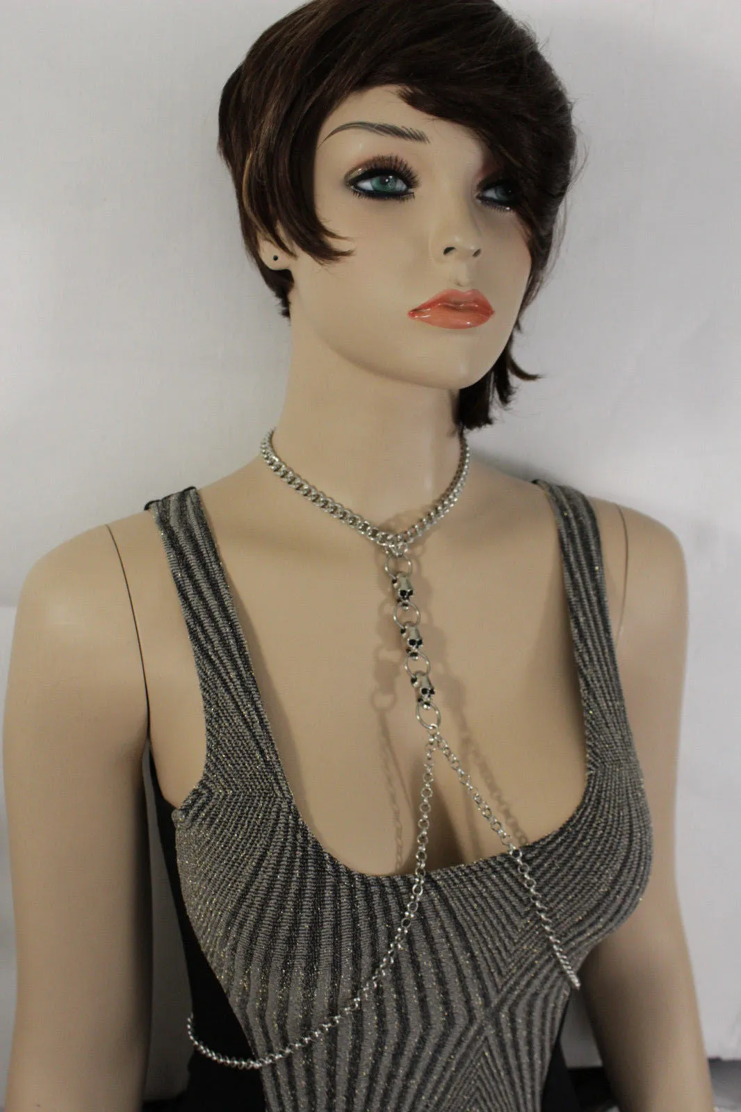Silver Metal Body Chain Harness Necklace Skeleton Skulls