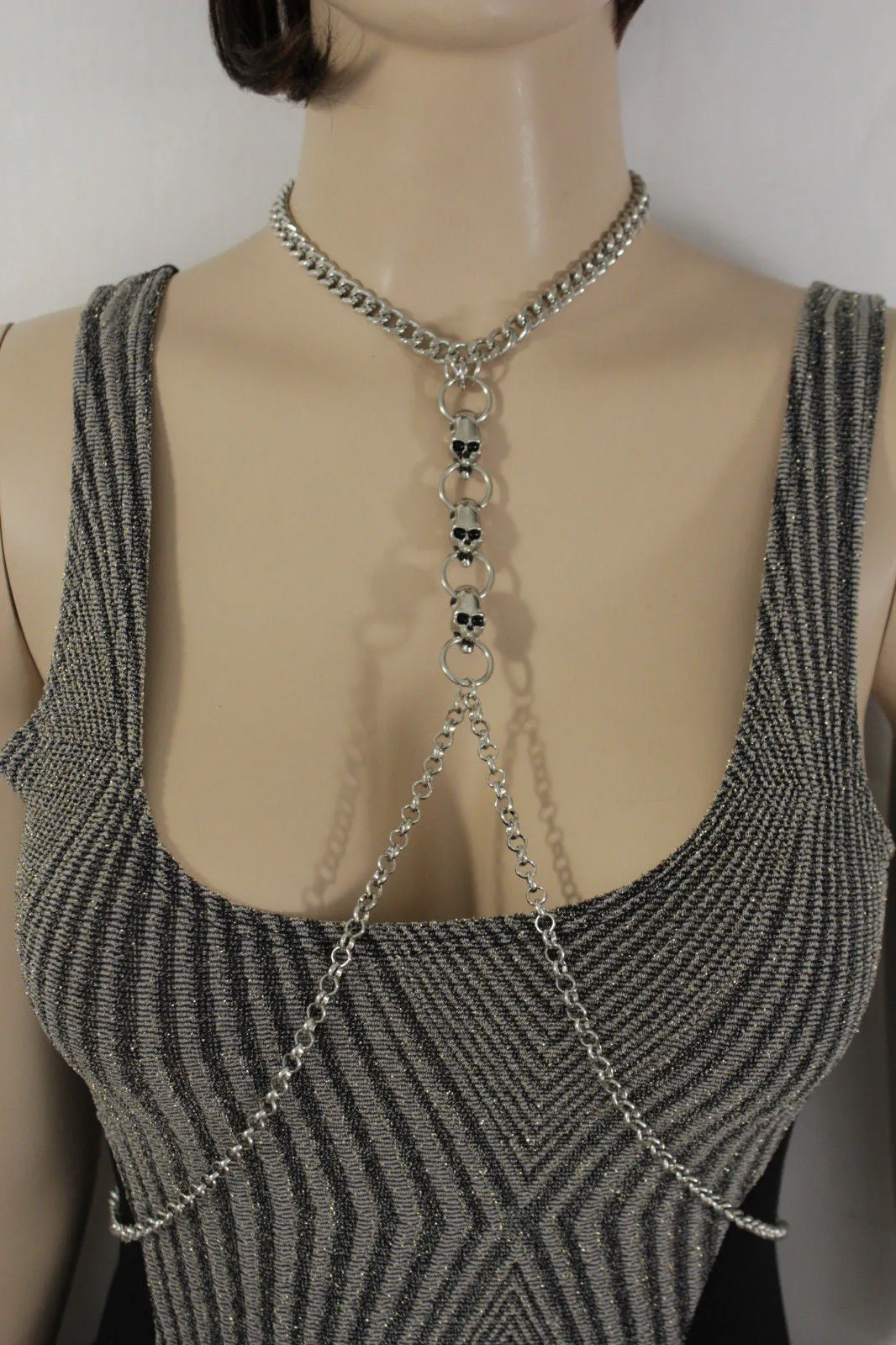 Silver Metal Body Chain Harness Necklace Skeleton Skulls