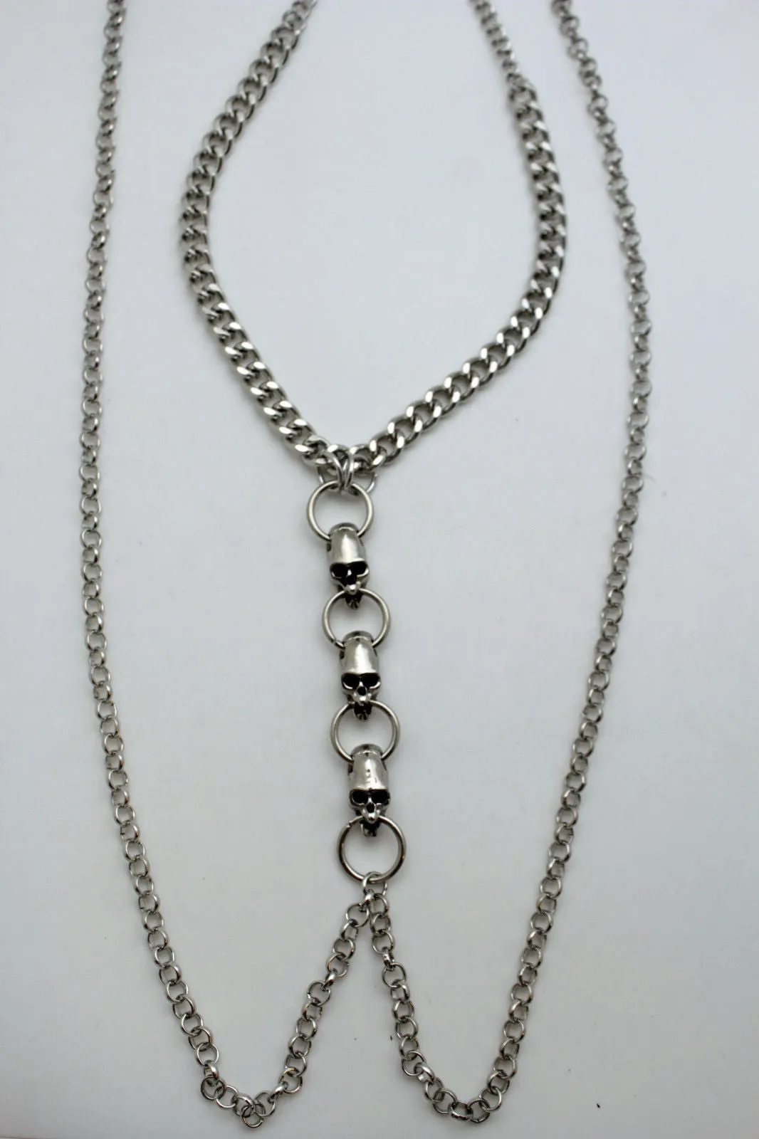 Silver Metal Body Chain Harness Necklace Skeleton Skulls