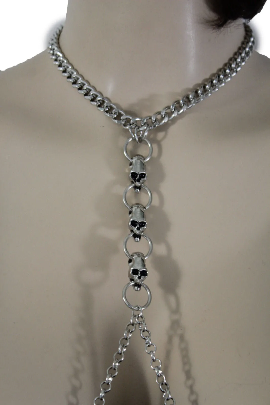 Silver Metal Body Chain Harness Necklace Skeleton Skulls