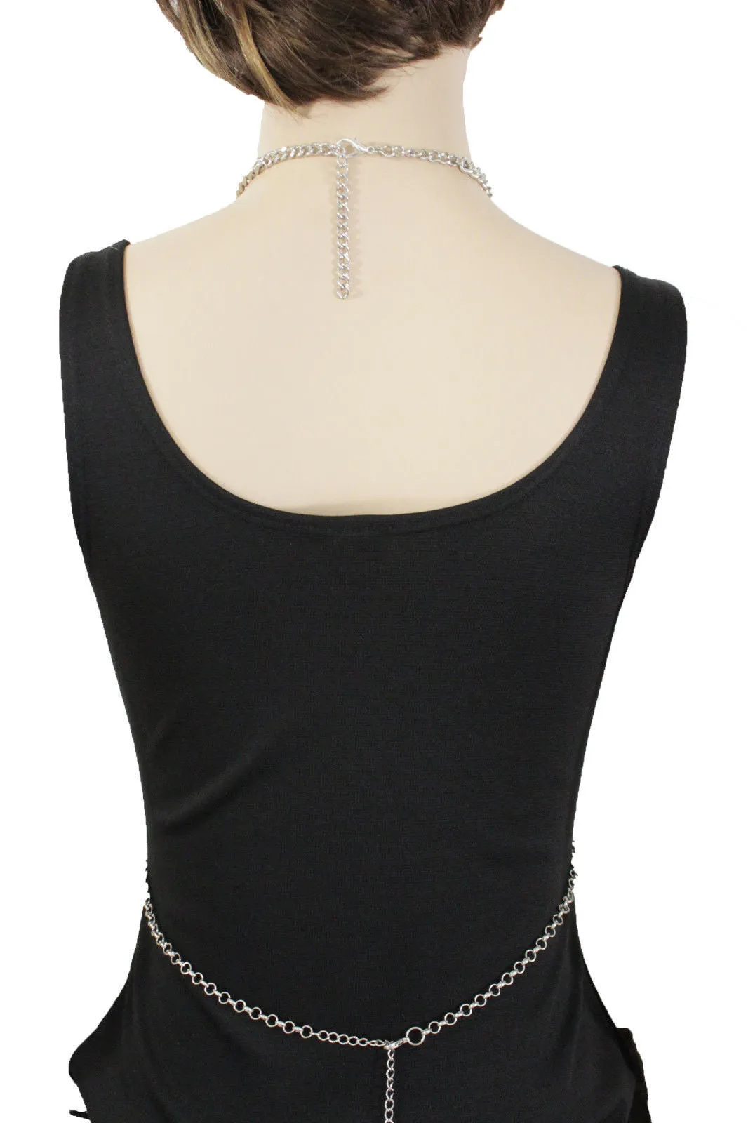Silver Metal Body Chain Harness Necklace Skeleton Skulls