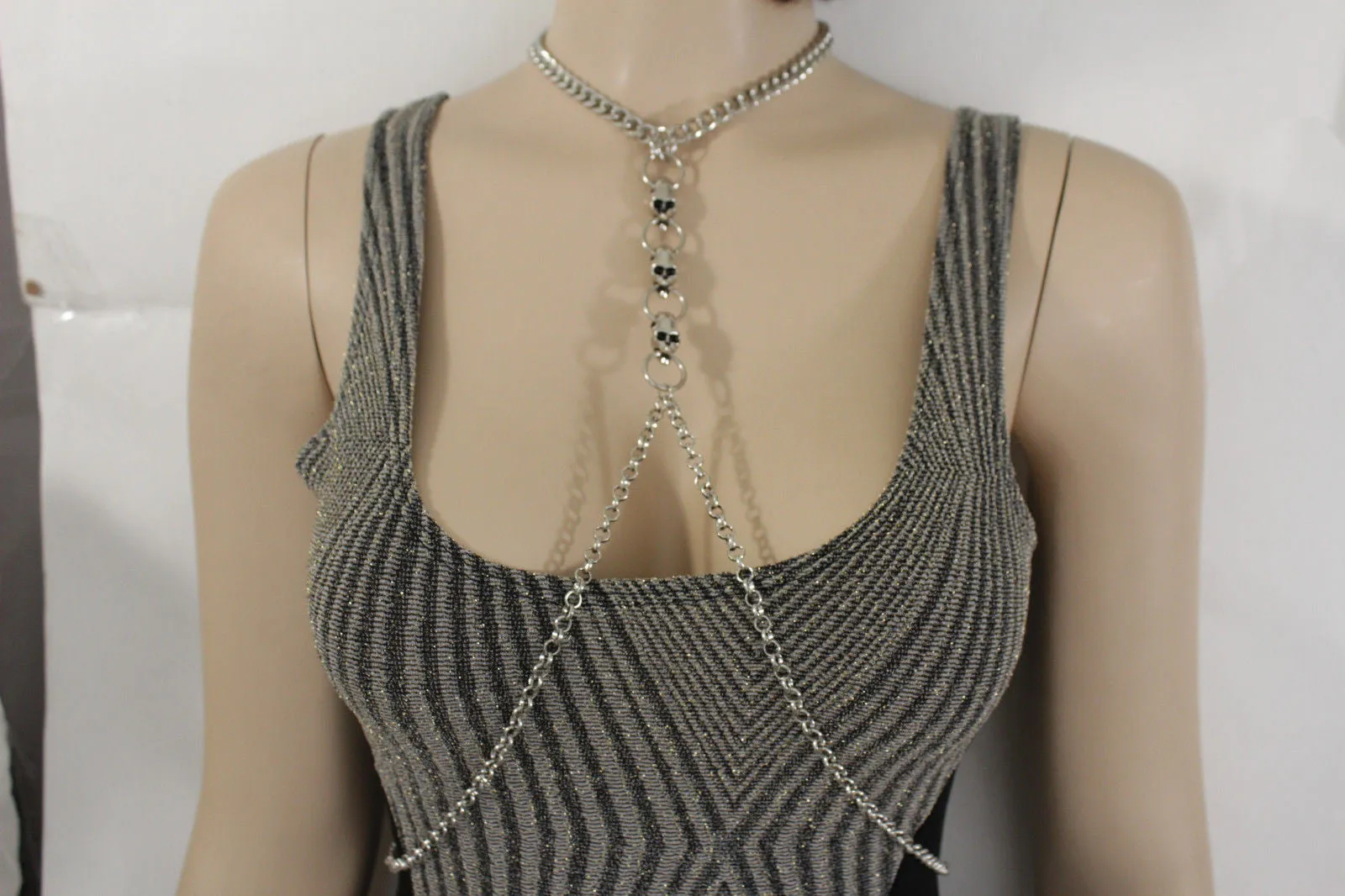 Silver Metal Body Chain Harness Necklace Skeleton Skulls