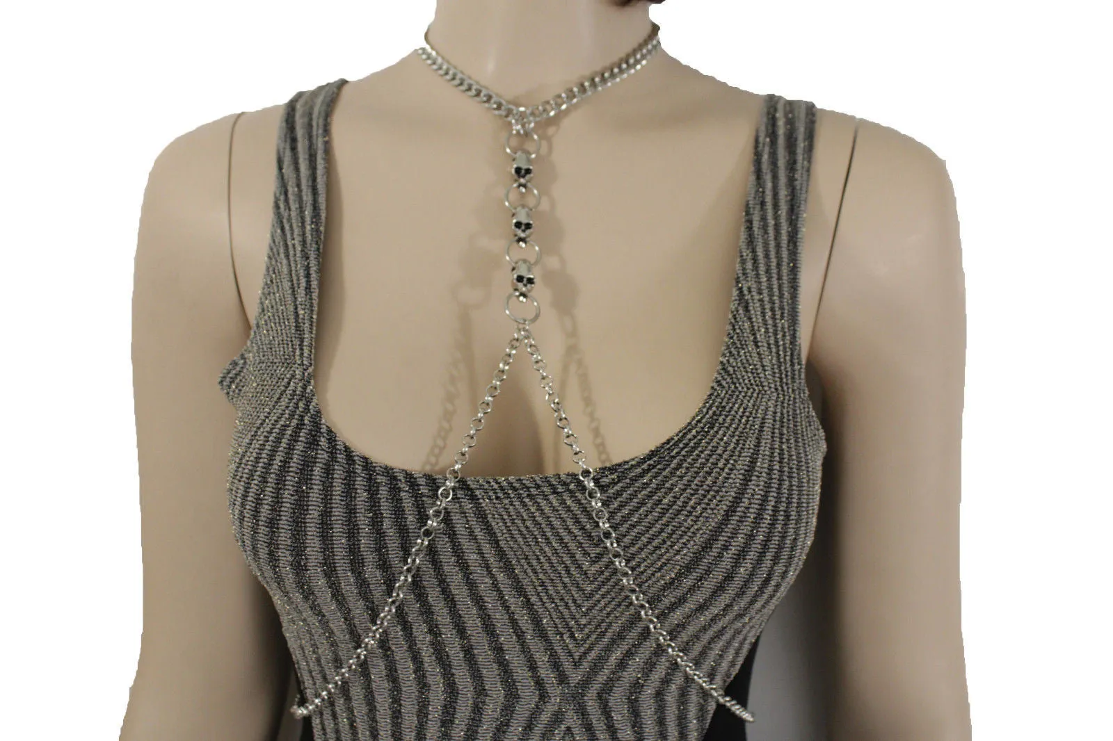 Silver Metal Body Chain Harness Necklace Skeleton Skulls