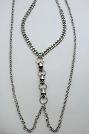 Silver Metal Body Chain Harness Necklace Skeleton Skulls