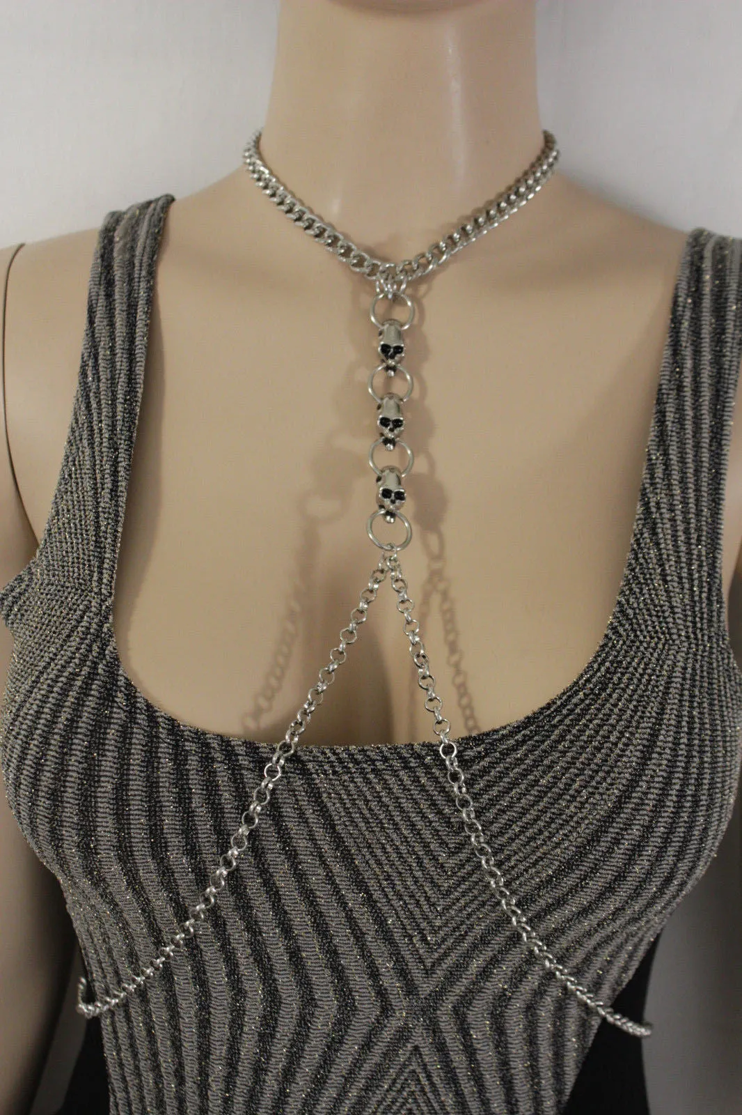 Silver Metal Body Chain Harness Necklace Skeleton Skulls