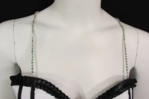 Silver Metal Bra Straps Decorative Lingerie Green Blue Pink Rhinestones