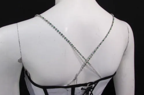 Silver Metal Bra Straps Decorative Lingerie Green Blue Pink Rhinestones