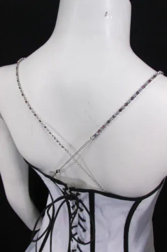 Silver Metal Bra Straps Decorative Lingerie Green Blue Pink Rhinestones