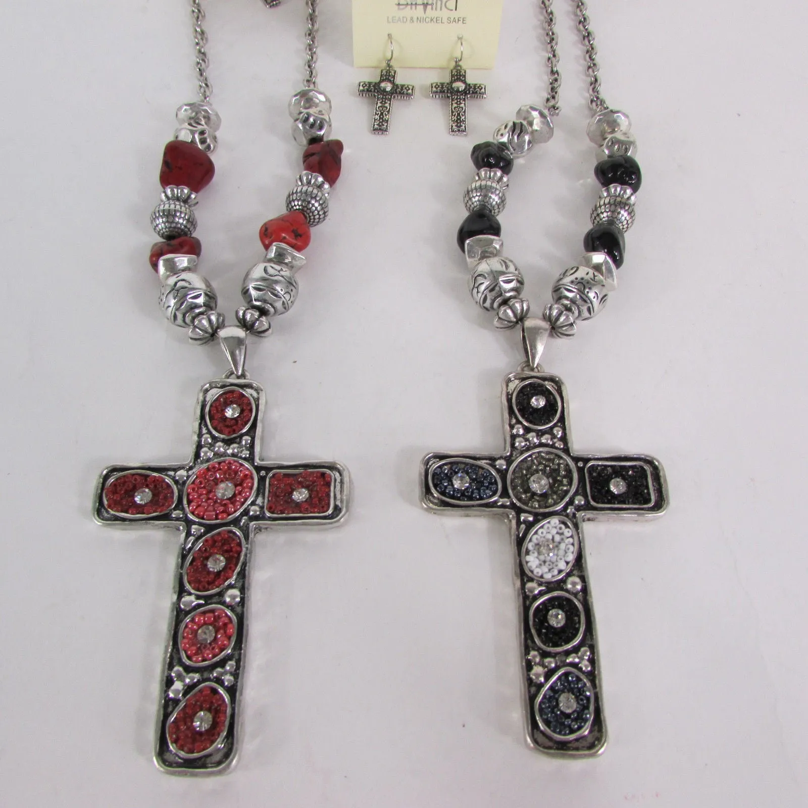 Silver Metal Chain Big Large Black Or Red Cross Necklace Earrings Set