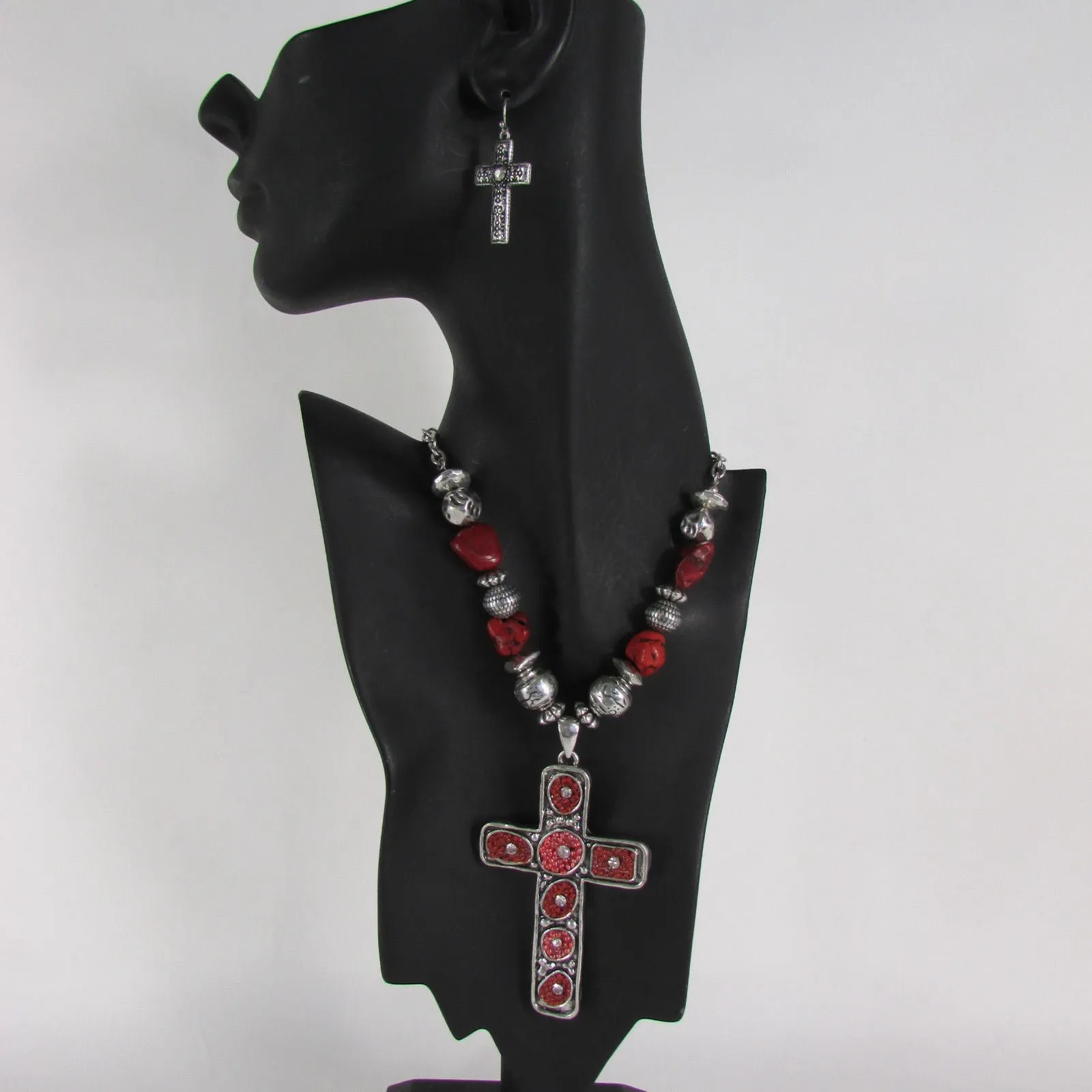 Silver Metal Chain Big Large Black Or Red Cross Necklace Earrings Set