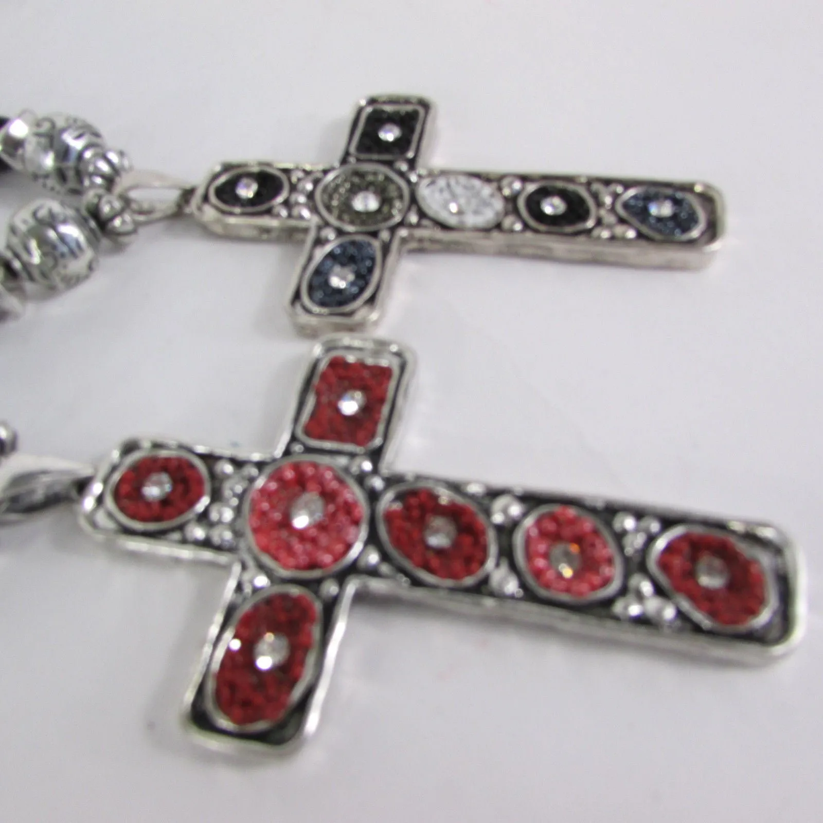Silver Metal Chain Big Large Black Or Red Cross Necklace Earrings Set
